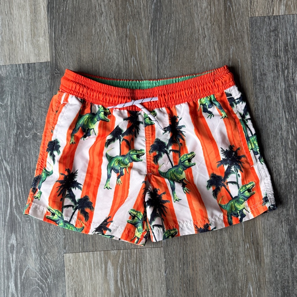 Kids Orange Dinosaur Print Swim Shorts
